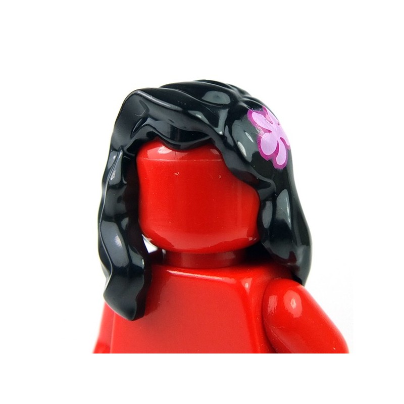 NEW Lego Female Girl Minifig BLACK HAIR w/Pink Flower Long Shoulder Head Gear 