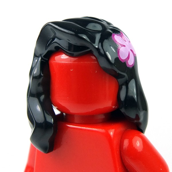 ☀️NEW Lego Minifig Hair Female Girl BLACK w/ Pink Flower Long Shoulder 
