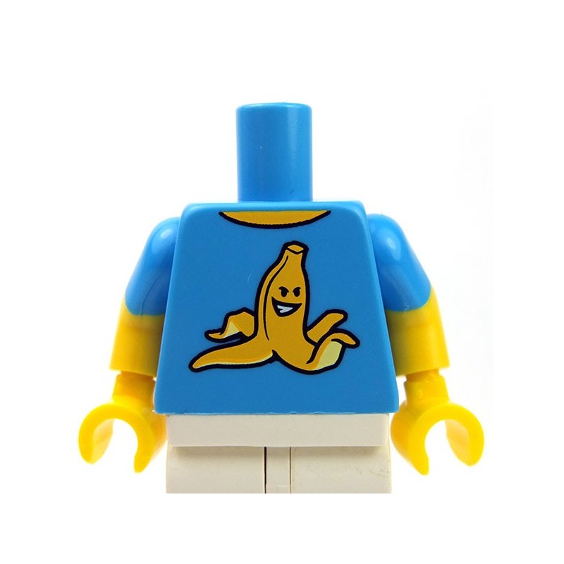 Lego Grinning Peel, Dark Short Yellow Minifig with Azure Acessories Dark Sleeves﻿ Torso Azure T-shirt Banana