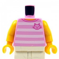 Lego - ﻿Bright Pink Torso T-Shirt with 4 White Horizontal Stripes Front & Back with Cat