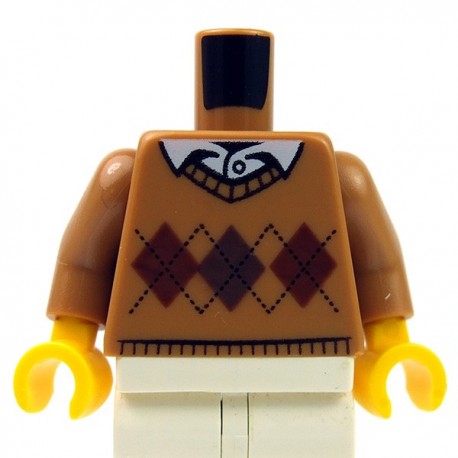 Lego - Medium Dark Flesh Torso Argyle Sweater, White Shirt Collar & Button