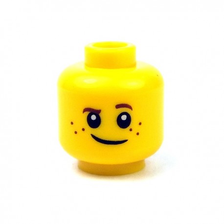LEGO Minifigure Head YELLOW Male Brown Eyebrows White Pupils Lopsided Smile