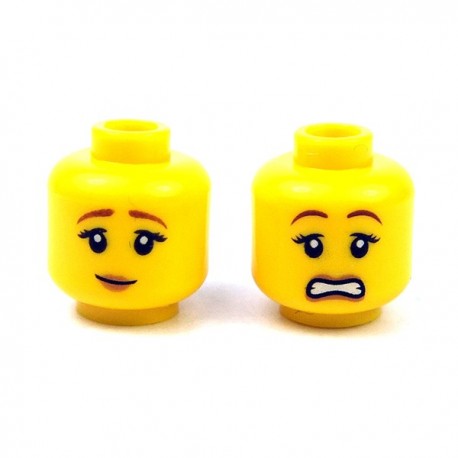 LEGO - Yellow Minifig, Head Dual Sided Female Brown Eyebrows, Peach Lips, Pensive Smile/Scared
