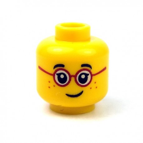 Lego - Yellow Minifig, Head Glasses with Red Round Frames, Black Eyebrows, Freckles