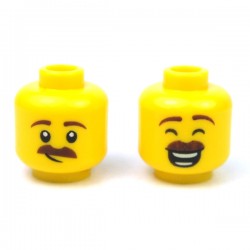 LEGO® - Yellow Minifig, Head Dual Sided Reddish Brown Eyebrows & Moustache, Large Smile with Eyes Closed / Smirk