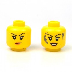 LEGO® - Yellow Minifig, Head Dual Sided Female Black Eyebrows, Peach Lips, Smirk / Smile with Dark Bluish Gray Mud Splotches