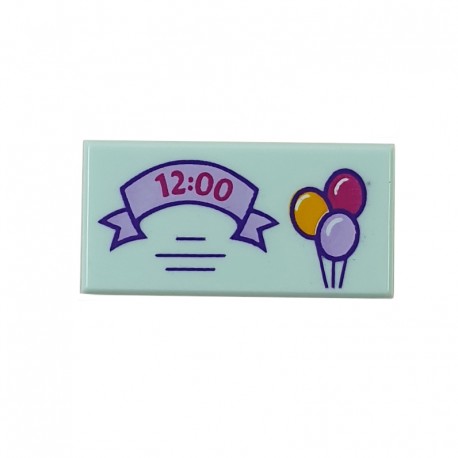 LEGO® Light Aqua Tile 1x2 Lavender Ribbon with '12:00' & 3 Balloons