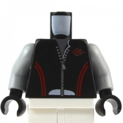 Black Torso Leather Jacket with Zipper, Red Lines and Logo Pattern, Light Bluish Gray Arms, Black Hands