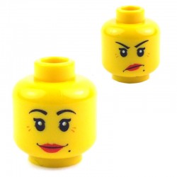 Minifig, Head Dual Sided Female with Red Lips, Crow's Feet and Beauty Mark Annoyed / Smiling Pattern