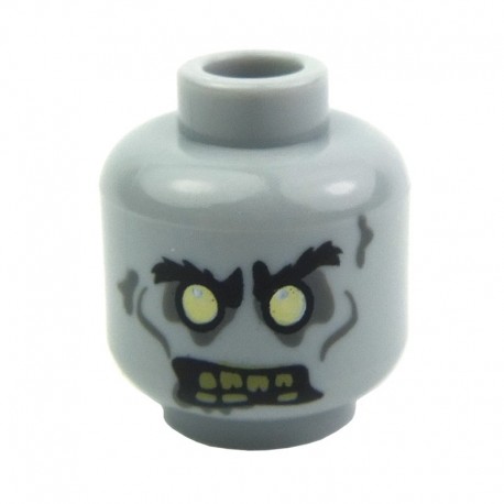 Light Bluish Gray Minifig, Head Zombie Yellowed Teeth with One Missing Tooth