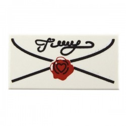 White Tile 1 x 2 with Mail Envelope, Cursive Script and Seal