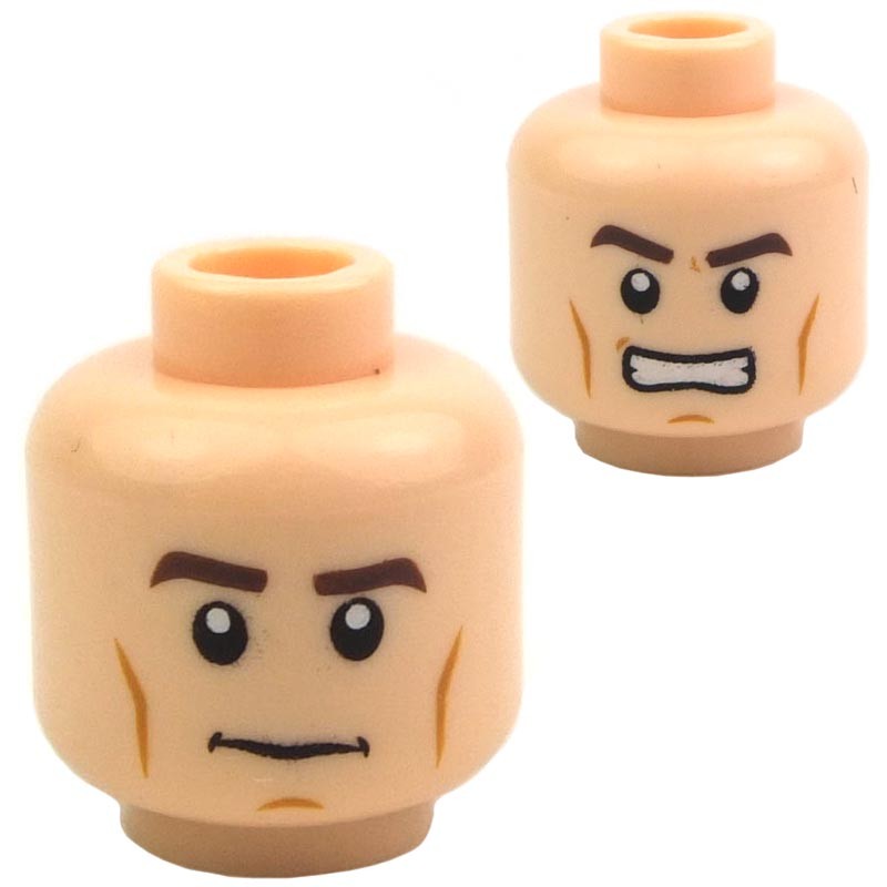 Lego New Light Flesh Minifigure Head Reddish Brown Low Eyebrows Lopsided Grin 
