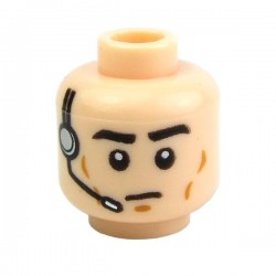 Light Flesh Minifig, Head Male Black Eyebrows, Cheek Lines, Frown, Headset